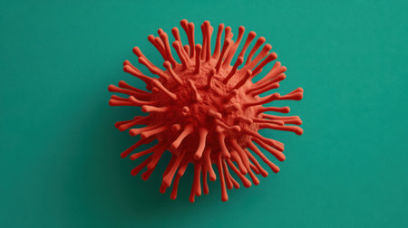 This vibrant illustration of a virus in bright orange against a teal background serves as a visual aid for educational and scientific purposes.の素材