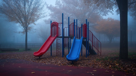 A captivating scene of a colorful playground with slides in a thick fog, surrounded by autumn leaves and trees in a serene park.の素材