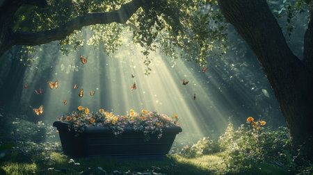 A serene garden scene featuring a flower-covered casket illuminated by soft sunlight and surrounded by butterflies and lush greenery.の素材