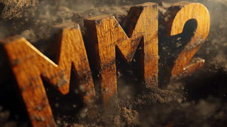 A striking close-up of wooden text representing MM2, partially buried in dark earth with dust and particles, creating a vivid and compelling visual narrative.の素材