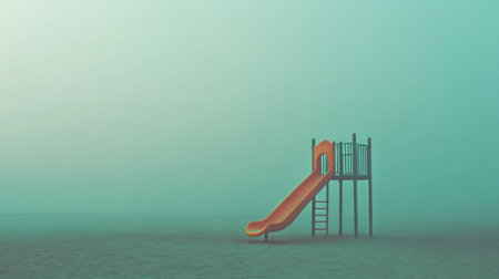 A solitary playground structure emerges from a thick fog, featuring a bright orange slide. The serene atmosphere evokes feelings of childhood joy and nostalgia.の素材