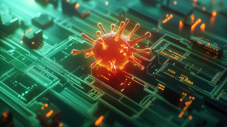 Captivating 3D illustration of a virus sitting on a circuit board, representing the intersection of health and technology. A vibrant digital artwork suitable for visualizing contemporary health themes.の素材