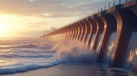 A breathtaking view of a coastal wave barrier at sunset, with gentle waves crashing against the structure, creating a serene and tranquil atmosphere.の素材