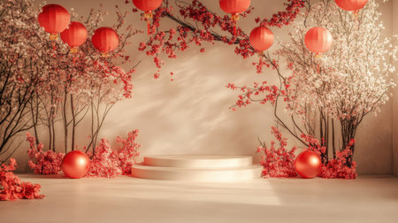 A captivating indoor scene featuring delicate cherry blossoms and red lanterns, creating a serene atmosphere perfect for festive events and celebrations.の素材