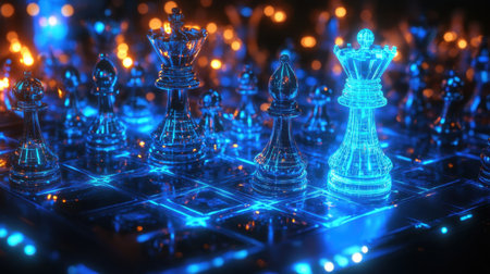 This image features a futuristic chess board with transparent neon pieces, illuminated by soft blue lights, creating a captivating visual.の素材