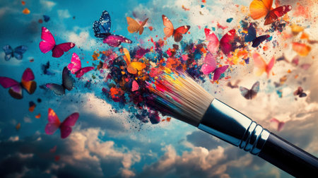 A stunning composition of a paintbrush exploding with bright colors and delicate butterflies under a dramatic sky, showcasing freedom and creativity.の素材
