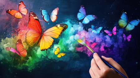 A stunning visual of colorful butterflies fluttering across a dark background, enhanced by a hand holding a paintbrush. This artistic scene captures the beauty of nature and creativity.の素材