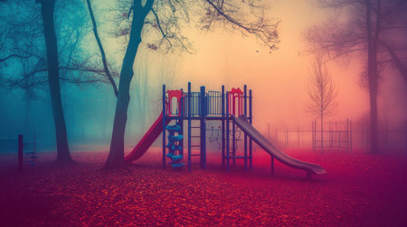 A striking playground scene shrouded in fog, featuring colorful slides amidst vibrant autumn leaves and towering trees, creating an eerie yet serene atmosphere.の素材