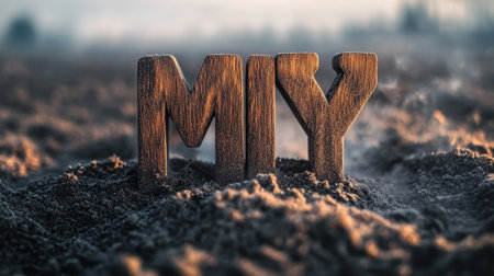 A close-up of wooden letters spelling "MY" standing in fine desert sand, illuminated by soft sunrise light, creating a serene and inspiring atmosphere.の素材