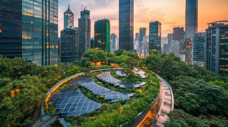 A stunning view of a modern city skyline featuring lush green rooftop gardens and solar panels at sunset, showcasing a blend of nature and technology.の素材
