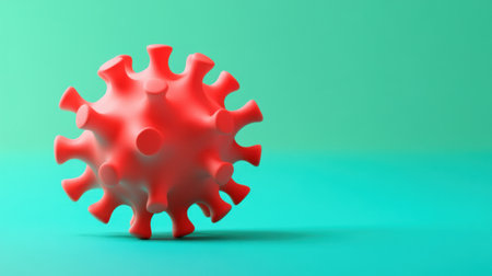This abstract illustration showcases a red virus model set against a teal background, symbolizing health threats and scientific research in an artistic manner.の素材