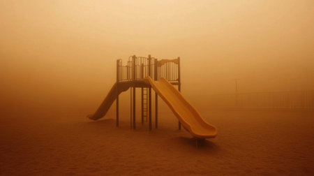 A deserted playground with a prominent slide stands shrouded in swirling dust, under a ghostly orange sky, evoking feelings of isolation.の素材