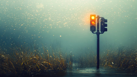 A solitary traffic light stands amidst a flooded area, shrouded in fog. The orange light creates an eerie atmosphere, blending urban and natural elements.の素材