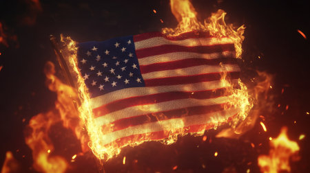 A striking depiction of an American flag engulfed in flames, creating a powerful visual narrative about conflict and the complex nature of patriotism.の素材