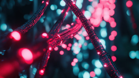 Explore a captivating futuristic background showcasing intertwined neon lights in vibrant colors, creating a mesmerizing technology-inspired atmosphere.の素材