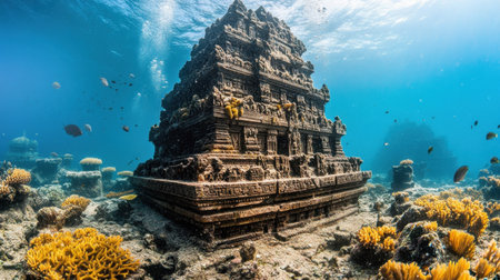 Explore the stunning underwater scene featuring an ancient temple, surrounded by vibrant coral and lively fish, creating a serene marine landscape.の素材
