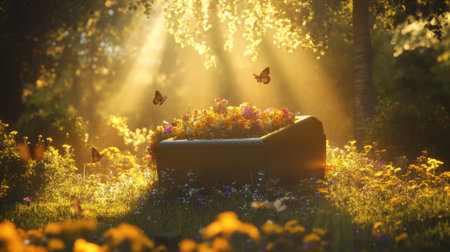 A tranquil garden scene featuring vibrant flowers surrounded by sunlight and butterflies, creating a serene and peaceful atmosphere in nature.の素材