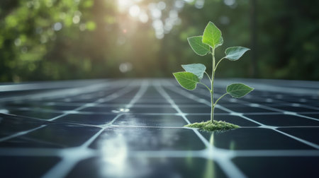 A solitary green plant emerges from a solar panel, symbolizing the fusion of nature and technology. The sunlight creates a vibrant backdrop, showcasing a commitment to sustainability and eco-friendly energy solutions.の素材