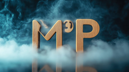 This captivating image features abstract wooden letters set against a foggy background illuminated by blue lighting. The striking visual invites creativity and artistic expression, making it perfect for diverse design projects.の素材
