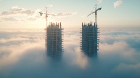 Two towering structures under construction pierce through a serene layer of clouds. Cranes elevate as sunlight bathes the scene, showcasing urban development.の素材