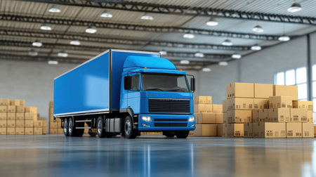 A vibrant blue delivery truck is parked inside a spacious warehouse filled with neatly stacked boxes, showcasing an efficient logistic operation in a modern setting.の素材
