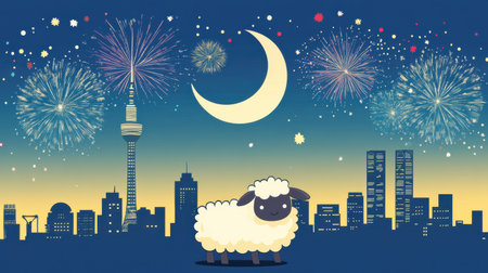 This whimsical illustration features a cute sheep beneath a crescent moon, surrounded by vibrant fireworks over a city skyline, creating a joyful festive atmosphere.の素材