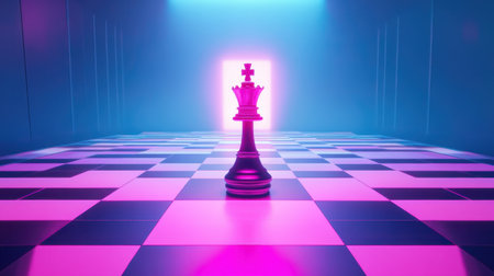 A striking image of a chess king piece lit by neon blue and pink, set against a checkerboard floor, representing strategy and competition.の素材