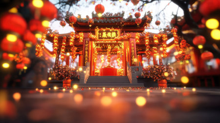 A stunning outdoor festival scene featuring vibrant red lanterns and floral decorations around traditional Asian architecture, creating a serene and joyful atmosphere for celebrations.の素材