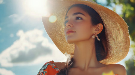 A captivating portrait of a young woman wearing a straw hat, enjoying a sunny day. The warm light highlights her features against a backdrop of soft clouds.の素材
