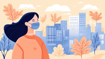 A cheerful young woman wearing a mask stands in an autumn urban setting, surrounded by colorful trees and modern buildings, symbolizing health awareness.の素材