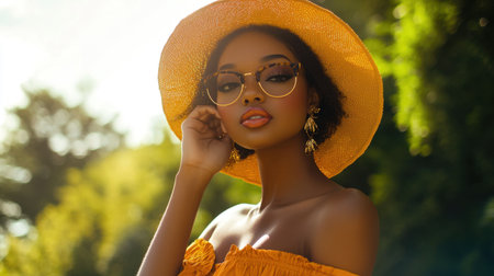 A young woman poses elegantly outdoors, wearing a bright sun hat and stylish sunglasses, exuding confidence in a vibrant summer atmosphere.の素材