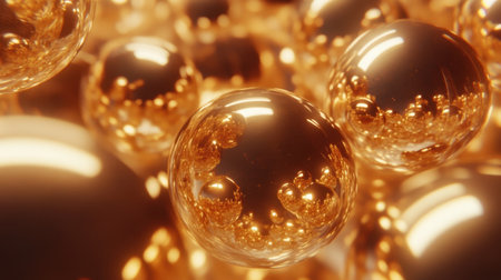 This captivating image features shimmering golden spheres that reflect light beautifully, creating an elegant and luxurious atmosphere. Perfect for design projects.の素材
