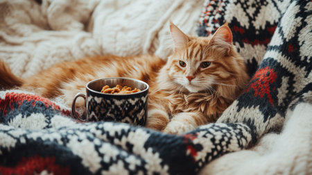 A ginger cat lounges peacefully on a cozy knit blanket, surrounded by a soothing atmosphere, accompanied by a bowl of tasty treats.の素材