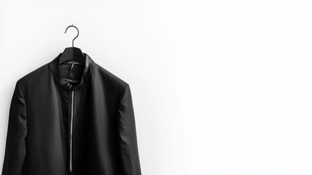 This image showcases a sleek black jacket elegantly hanging on a hanger against a clean, minimalist white background, perfect for fashion marketing.の素材