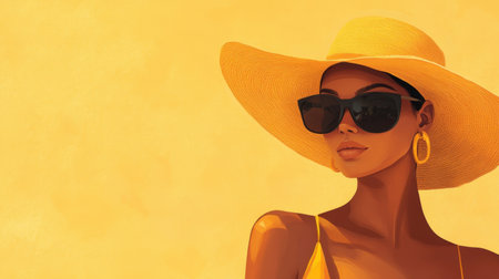 This vibrant portrait features a stylish woman wearing a wide-brimmed yellow hat and dark sunglasses, radiating summer charm. The cheerful yellow backdrop enhances the fashionable vibe, perfect for lifestyle and beauty themes.の素材