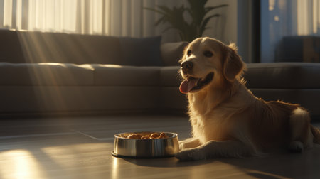A golden retriever comfortably rests beside its food bowl in a cozy living room, illuminated by warm sunlight streaming through the window.の素材