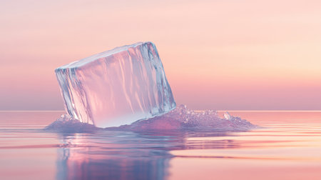 A stunning ice block floats gracefully on calm water during sunset, showcasing soft pastel colors and a serene atmosphere in a tranquil landscape.の素材