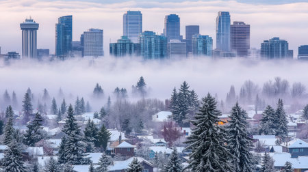 A captivating winter scene showcases a city skyline shrouded in fog, with snow-covered homes and evergreen trees creating a tranquil atmosphere.の素材