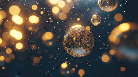 Ethereal bubbles adorned with golden glitter float gracefully against a dark backdrop, creating a captivating atmosphere perfect for abstract art and design projects.の素材