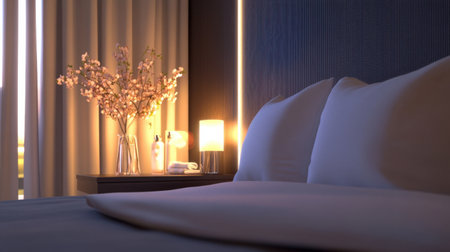 A serene and inviting modern bedroom featuring soft pillows, a floral arrangement, and gentle lighting, creating a perfect retreat for relaxation.の素材