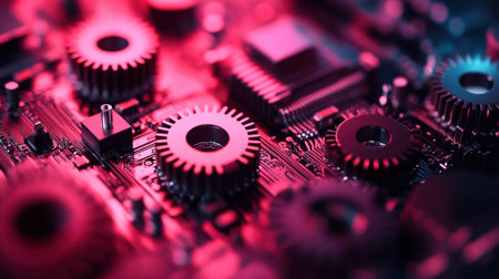 Explore an abstract close-up view of a circuit board, showcasing metallic components illuminated by vibrant lighting, representing technology and innovation.の素材