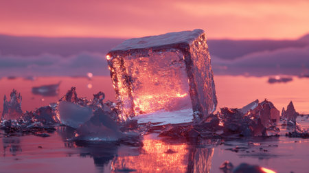 A stunning ice cube glows softly against a vibrant sunset backdrop, reflecting light on a tranquil water surface. An enchanting winter scene.の素材