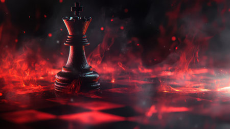 A striking black chess king piece stands prominently on a chessboard, surrounded by a mystical haze and dramatic red light, capturing the essence of strategy.の素材