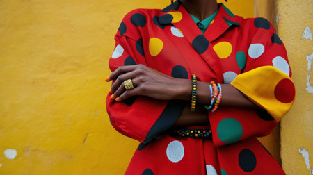 A striking portrait of a woman showcasing her unique style in a polka dot outfit, set against a vivid yellow wall, celebrating individual expression.の素材