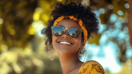 A young woman radiates joy in stylish sunglasses and a vibrant yellow outfit, embraced by the sunlit beauty of nature. Her cheerful smile reflects confidence and warmth, capturing the essence of carefree summer days and fashionable outdoor moments.の素材