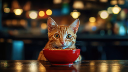 A charming ginger cat gazes intently at a red bowl filled with food on a rustic wooden table, creating a cozy homey atmosphere in the blurred background.の素材