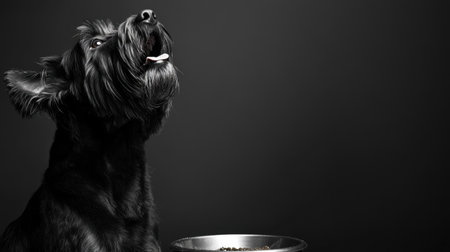 A joyful black dog playfully enjoying its meal, set against a sleek black background, showcasing the beauty of pet life and companionship.の素材