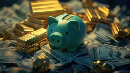 An attractive piggy bank sits amidst scattered gold bars and dollar bills, visually conveying themes of savings, investment, and wealth.の素材