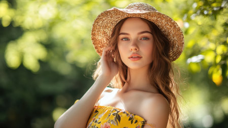 A captivating portrait of a young woman wearing a yellow dress and a straw hat in a vibrant garden. The soft sunlight enhances her natural beauty and charm.の素材