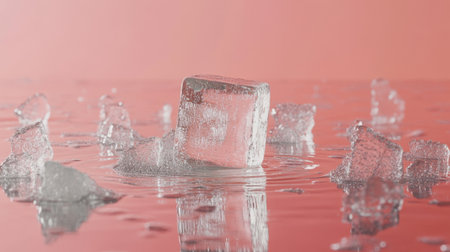 This striking image features a solitary ice cube amid melting grains on a reflective surface, creating a soothing visual effect against a pink backdrop.の素材